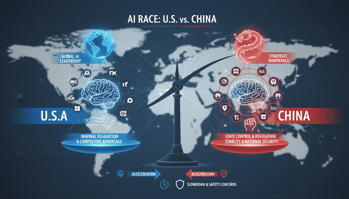 Infographic showing U.S.-China AI competition, highlighting regulatory approaches and key players.