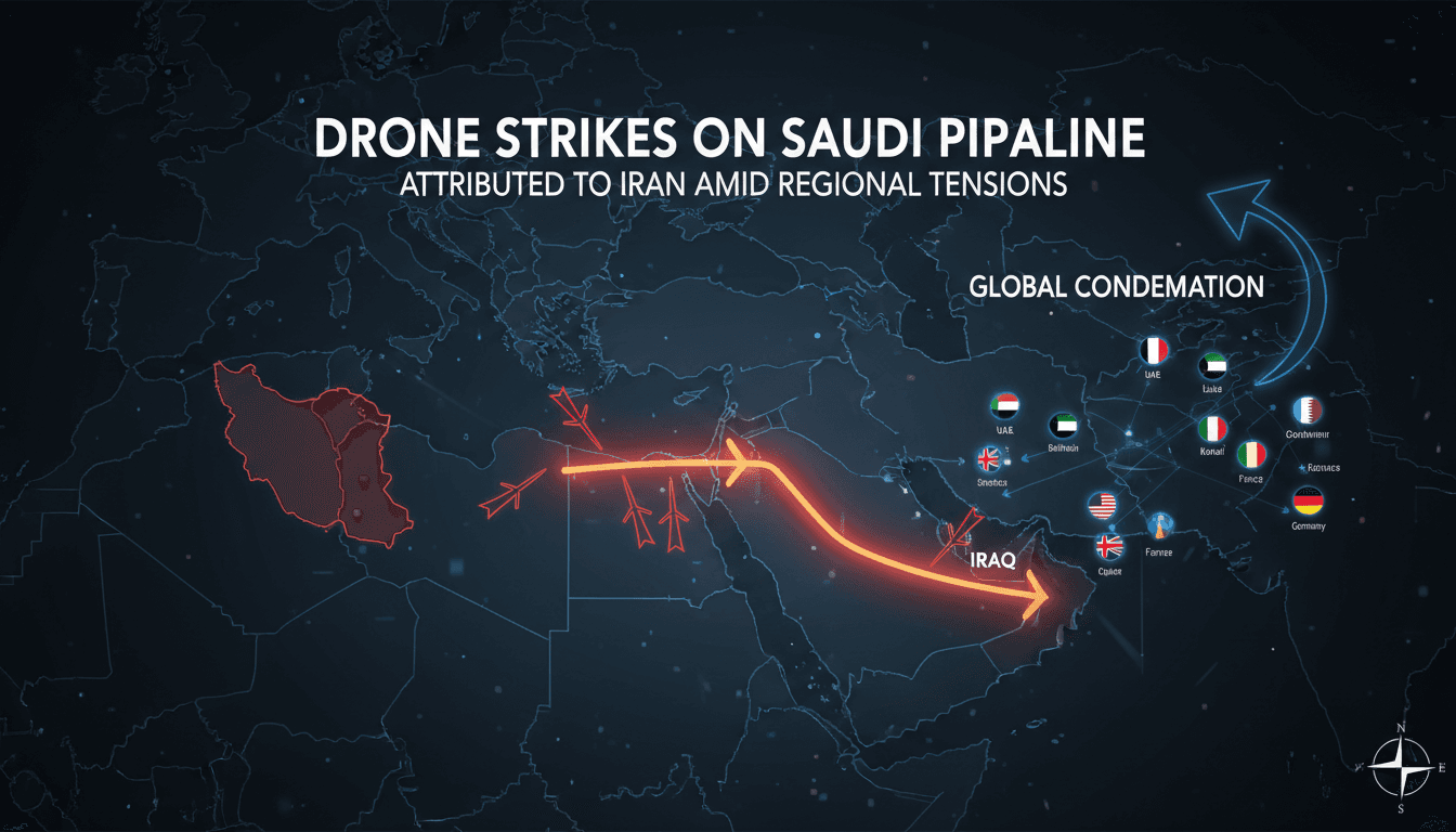 A map highlighting the Saudi East-West pipeline and the countries involved in the recent drone strikes.