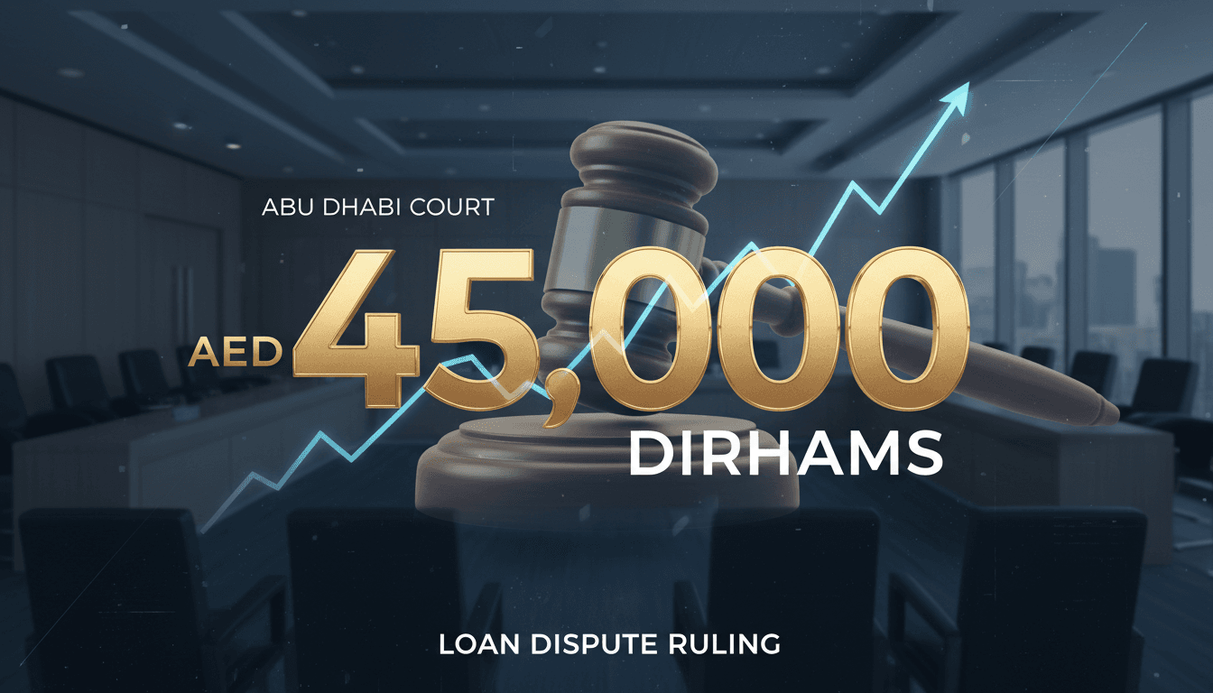 Courtroom scene with a focus on a gavel and the amount of 45,000 dirhams in the foreground.