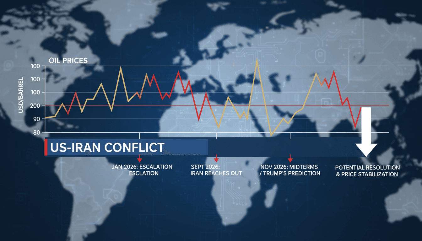 A graphic illustrating the prediction of the US-Iran conflict resolution and its impact on oil prices.