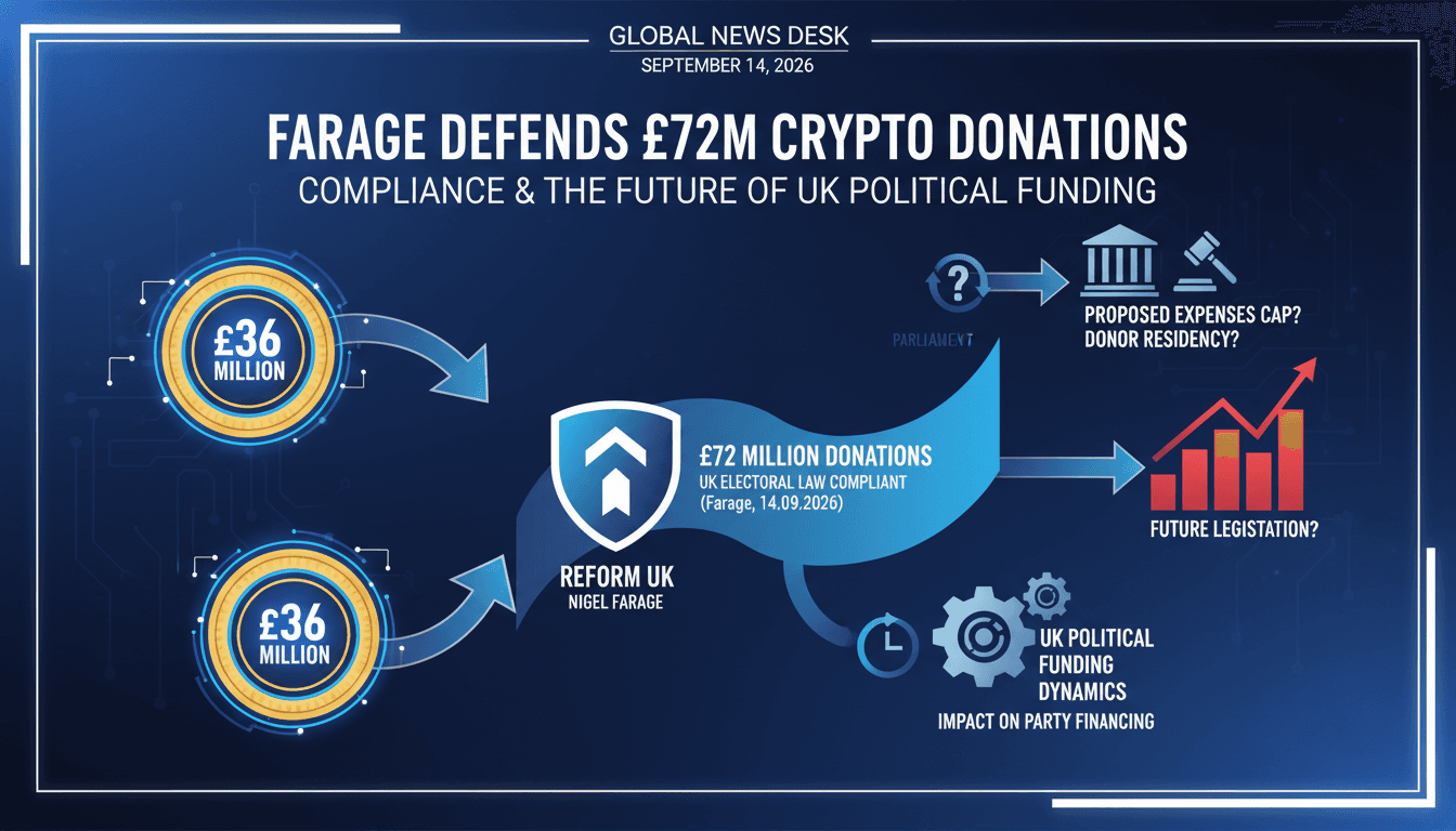 Infographic showing the £72 million donations to Reform UK and their implications for UK electoral law.