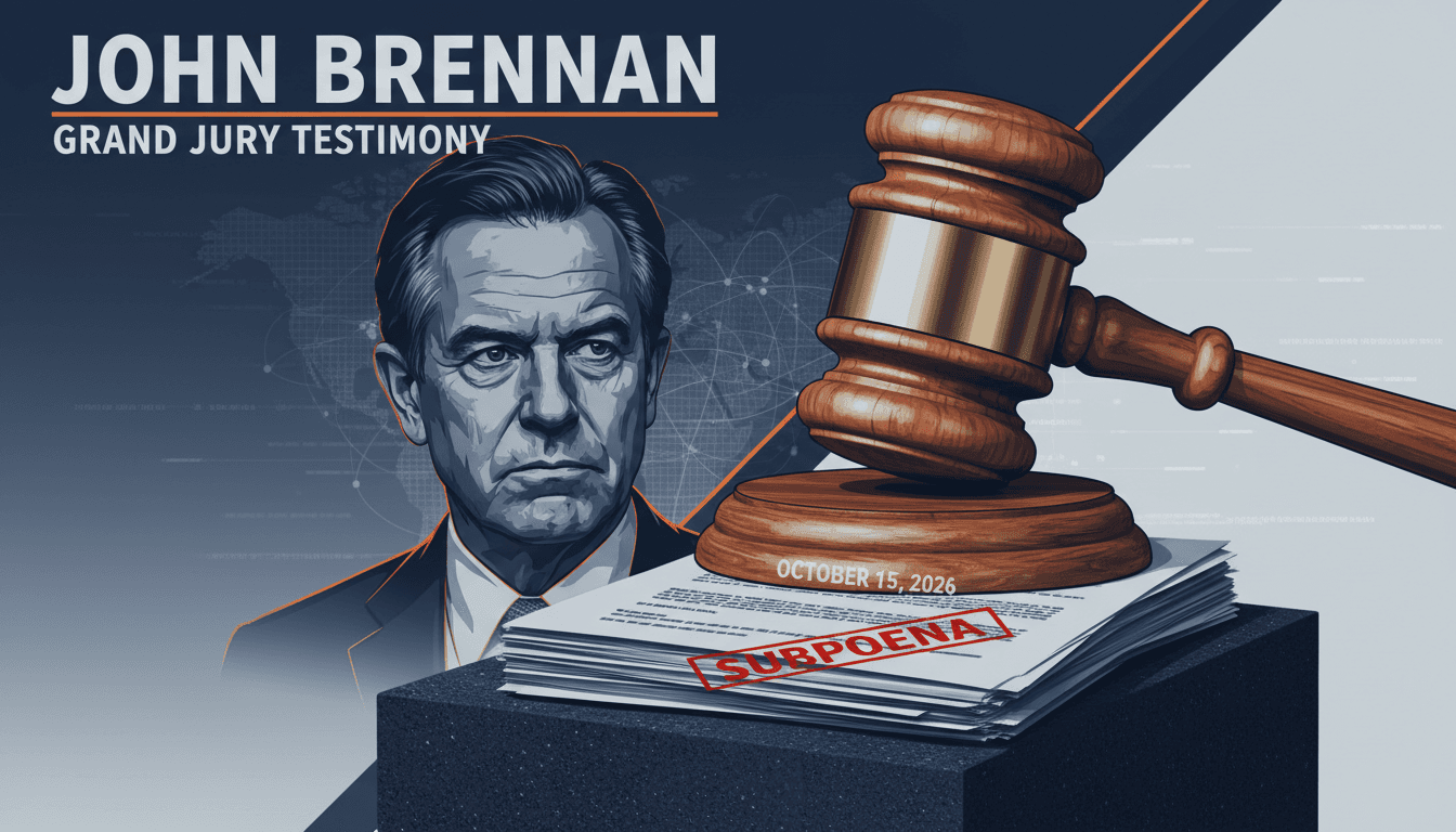 John Brennan with legal documents and a gavel, representing his subpoena in the Trump investigation.