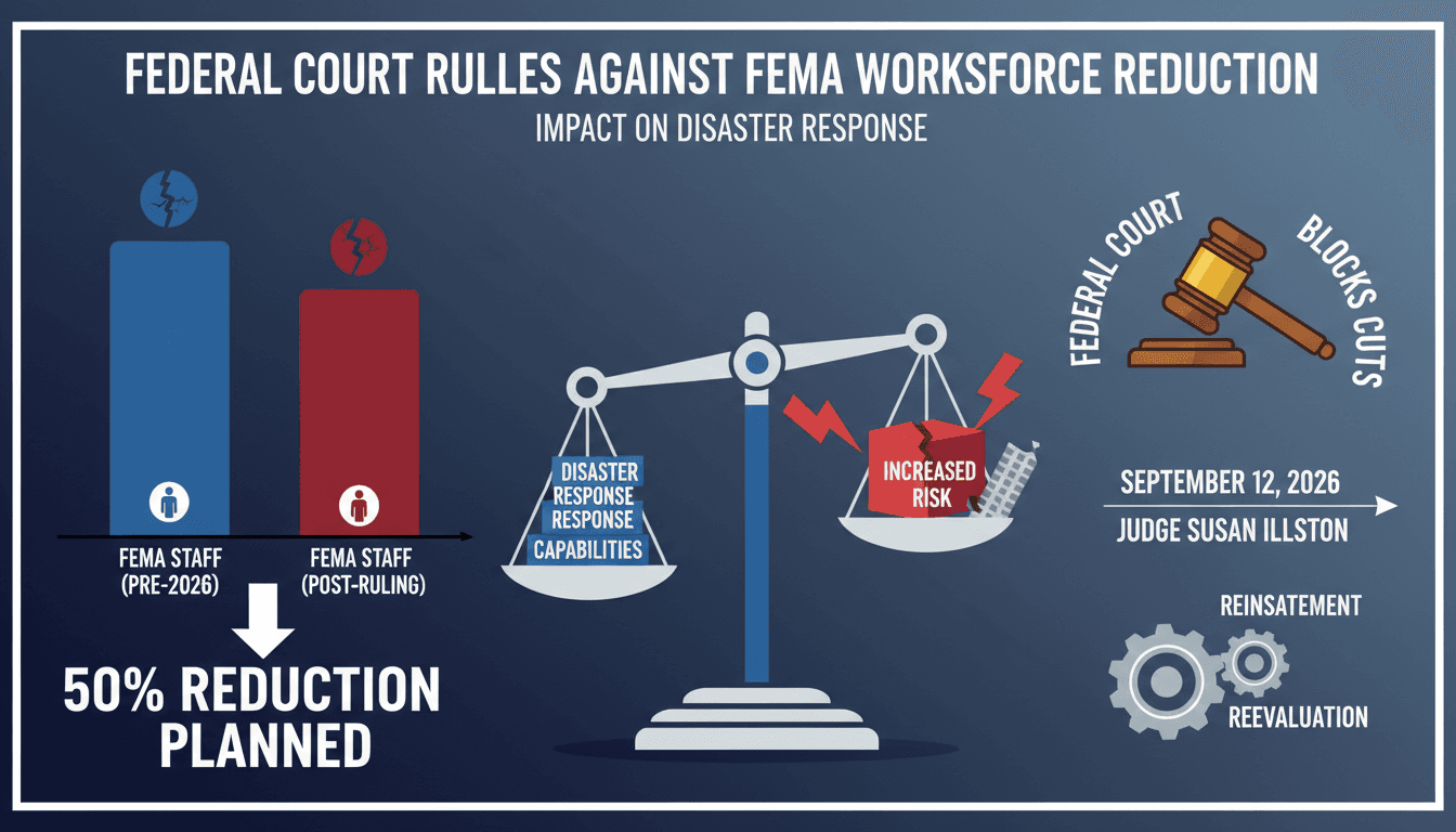 Infographic illustrating the impact of the court ruling on FEMA staffing levels and disaster response capabilities.
