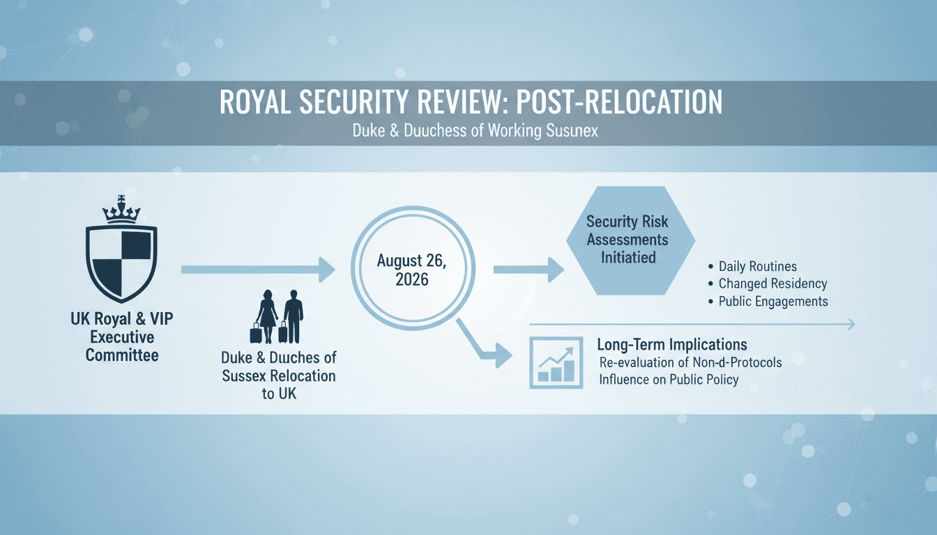 Infographic showing the timeline and implications of security assessments for the Duke and Duchess of Sussex.