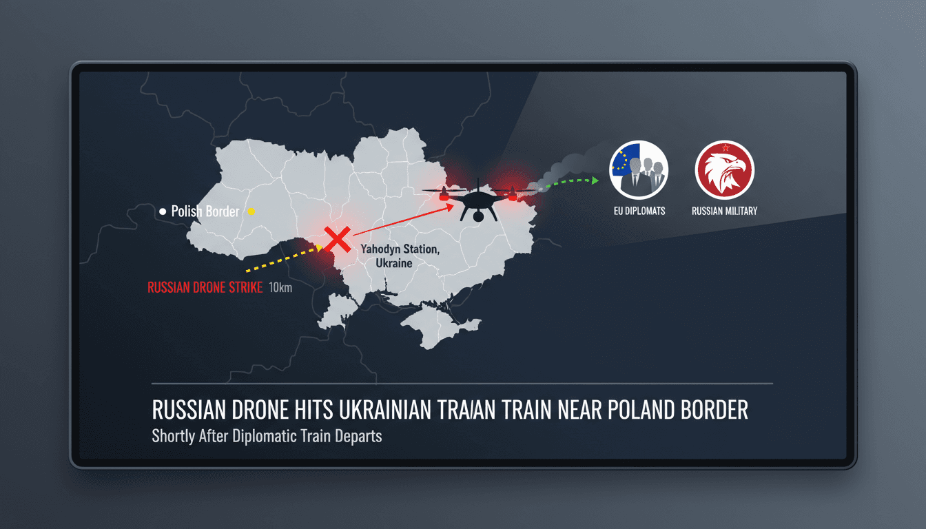 Map showing the location of the Russian drone strike near the Poland border and details of the diplomatic train involved.