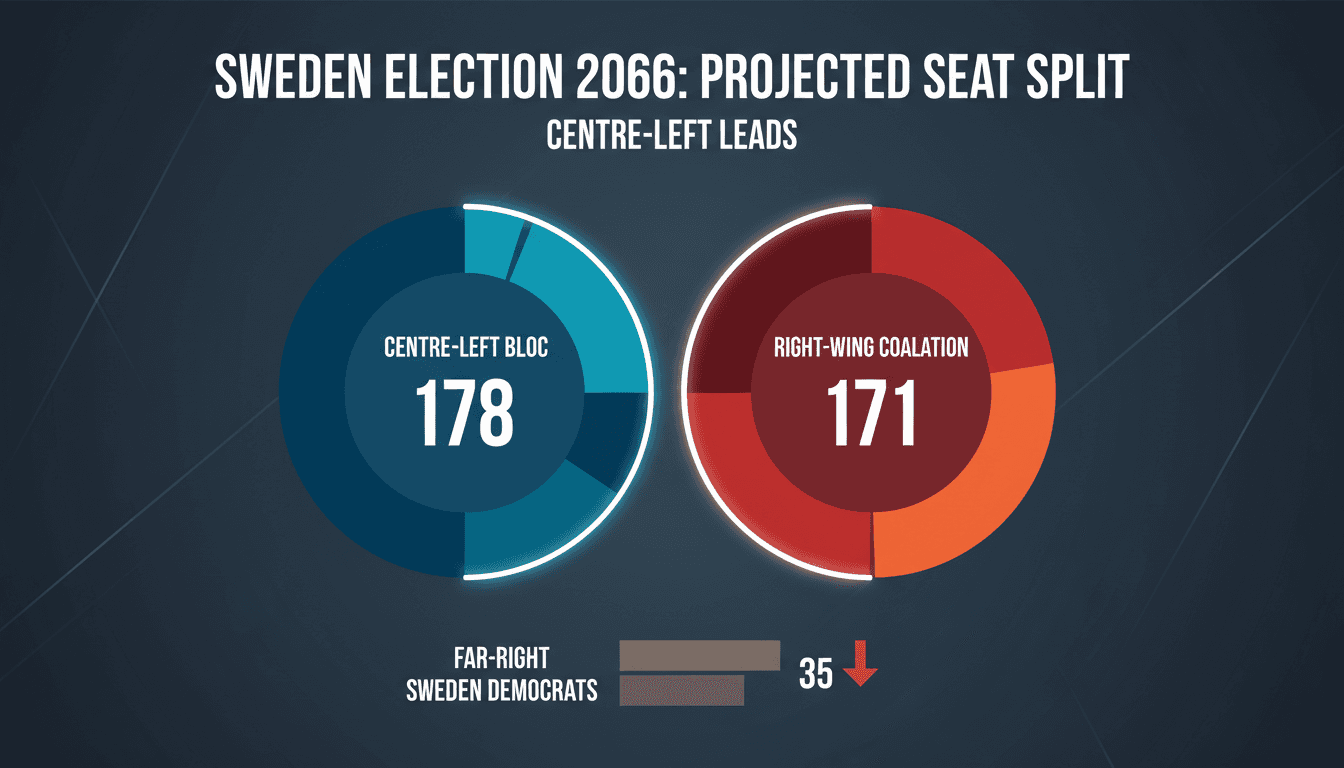 A graphic illustrating the projected seat split in Sweden's Riksdag for the 2026 election.