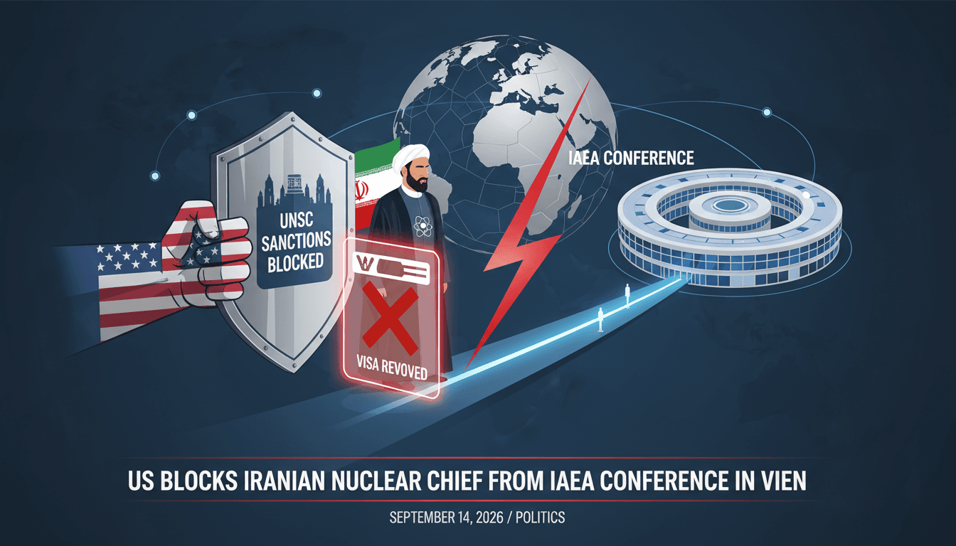A graphic showing the US blocking Iran's nuclear chief from attending the IAEA conference in Vienna.