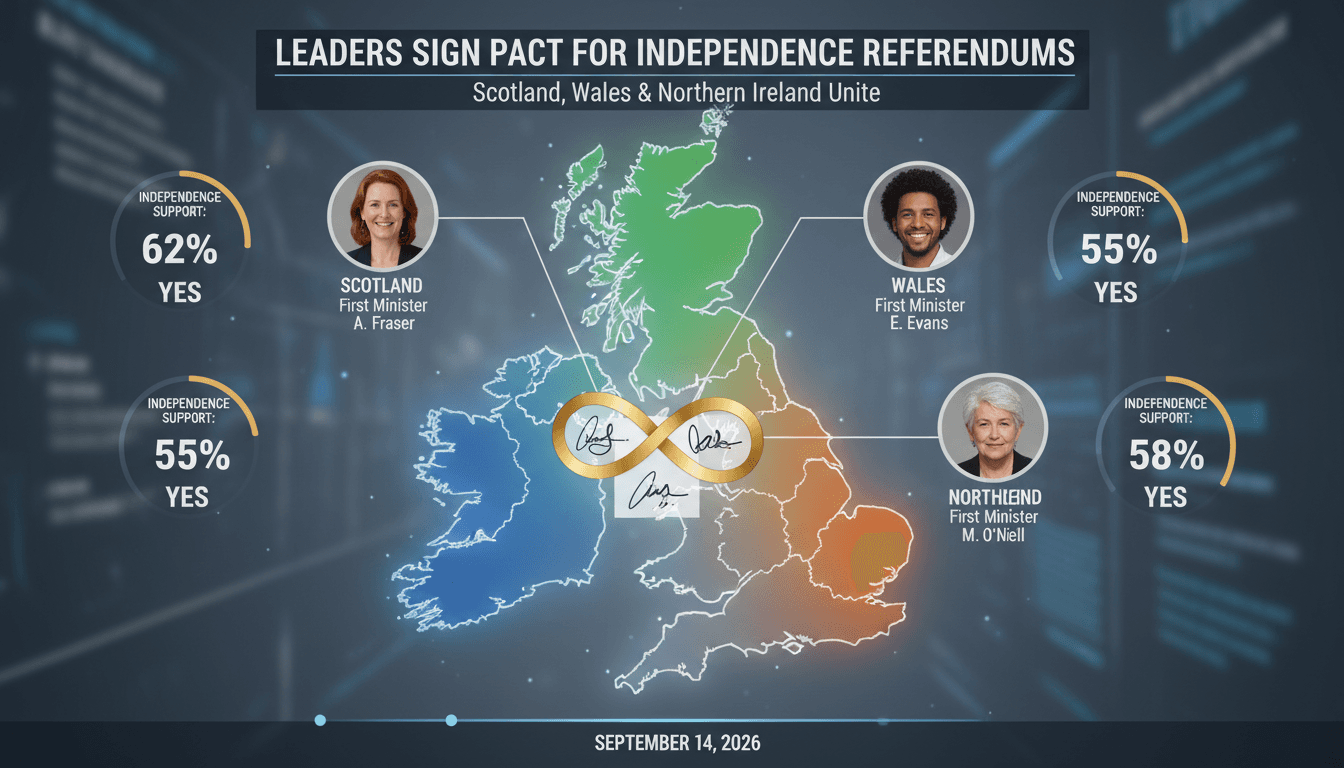 Infographic showing the political landscape of the UK with leaders from Scotland, Wales, and Northern Ireland and polling data on independence.