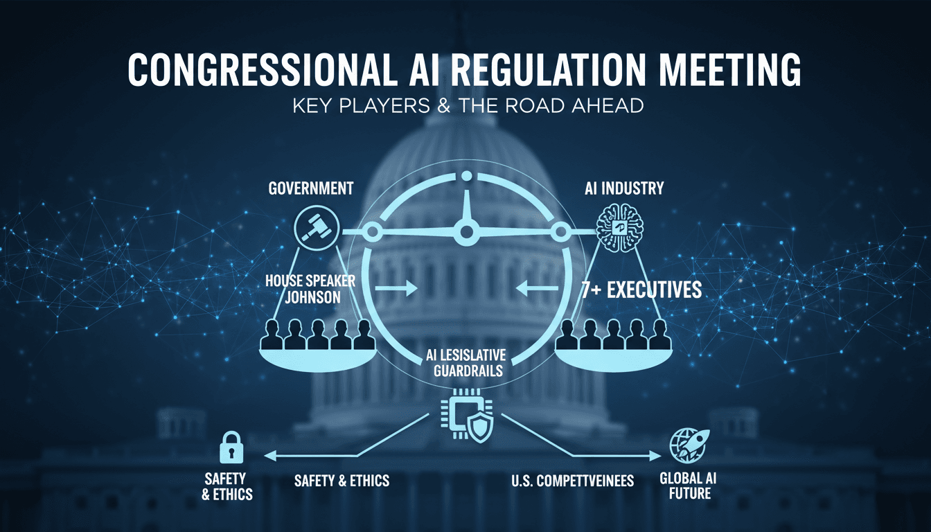 Infographic showing House Speaker Mike Johnson and AI executives discussing potential regulations on artificial intelligence.