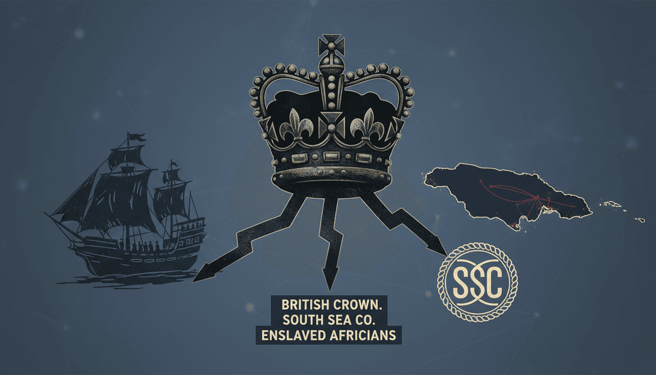 Infographic showing the branding of enslaved Africans by the South Sea Company and its ties to the British monarchy.