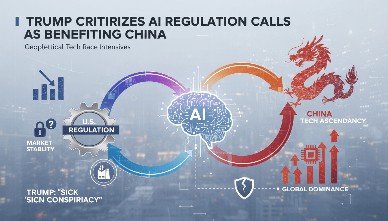 Infographic showing the impact of Trump's AI regulation claims on tech stocks and U.S.-China relations.