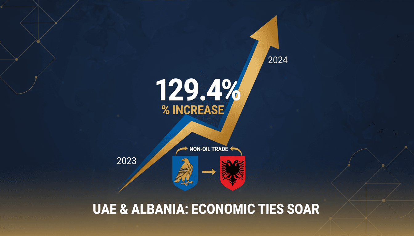 Infographic showing the 129.4% increase in UAE-Albania non-oil trade and key discussion points from the meeting.