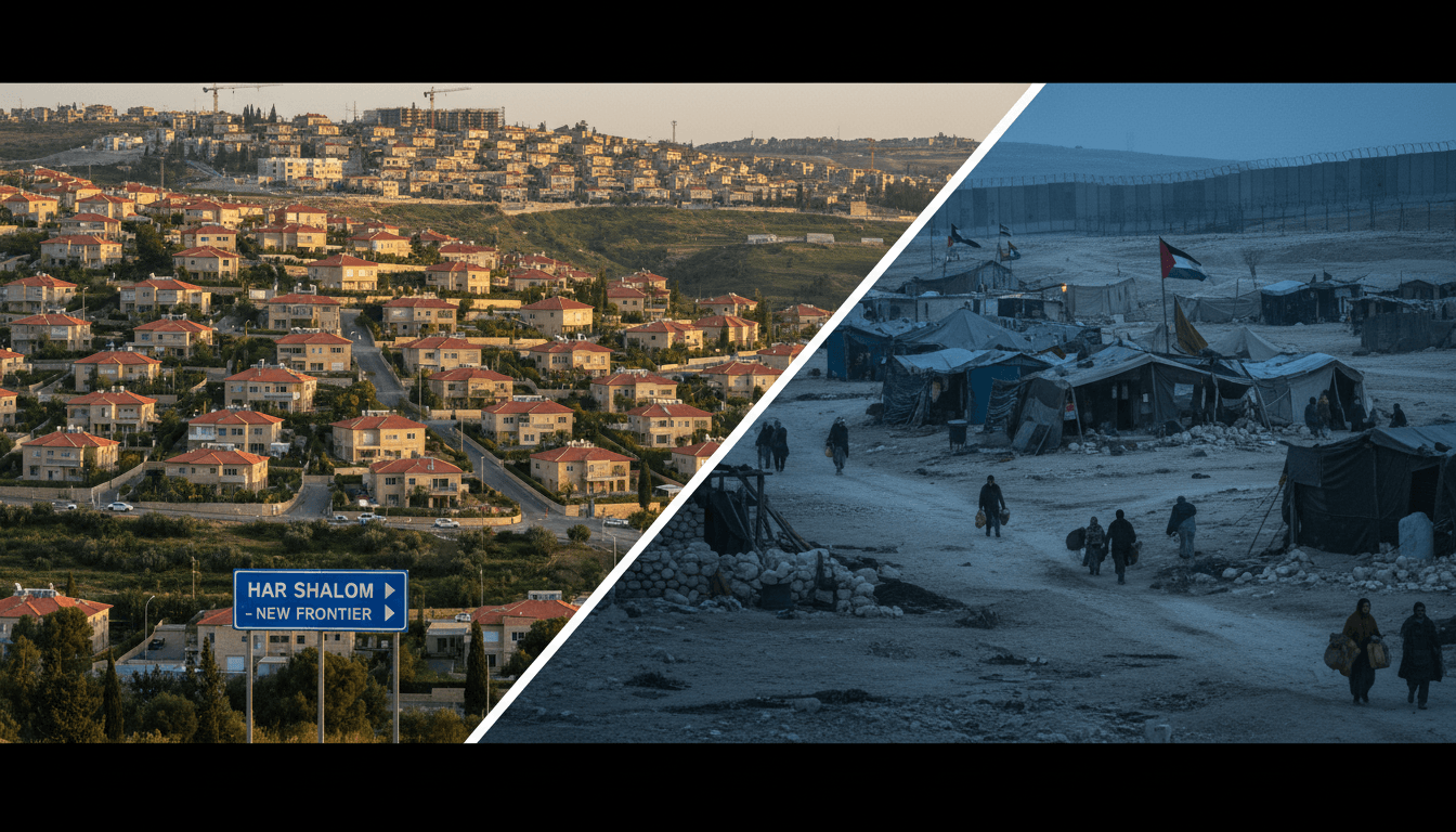 An image depicting the contrast between Israeli settlements and Palestinian displacement in the West Bank.