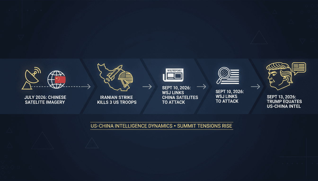 Infographic detailing the timeline of the Iranian strike and U.S.-China intelligence relations.