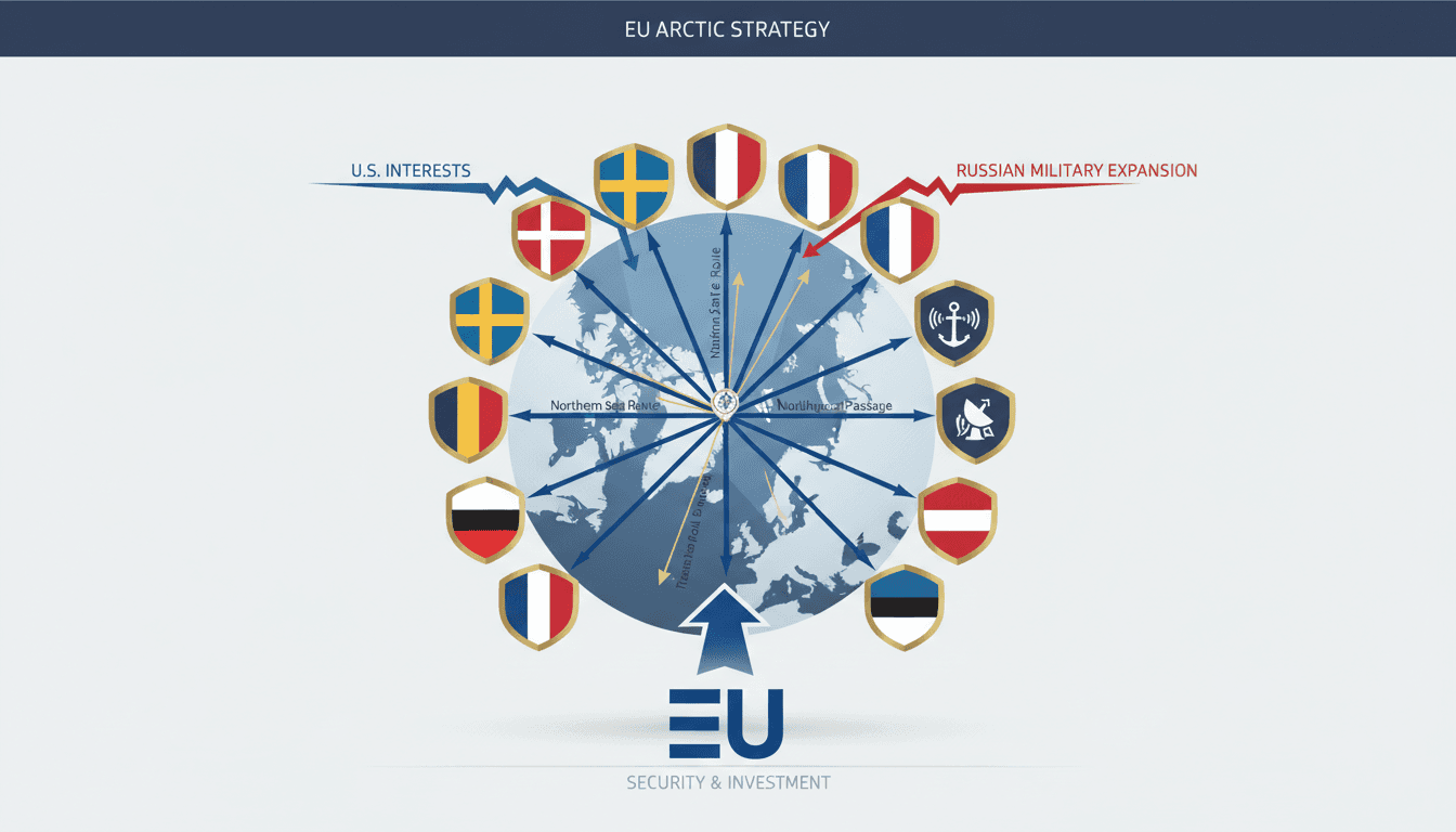 A map showing Arctic shipping routes and geopolitical interests of EU member states in the Arctic region.
