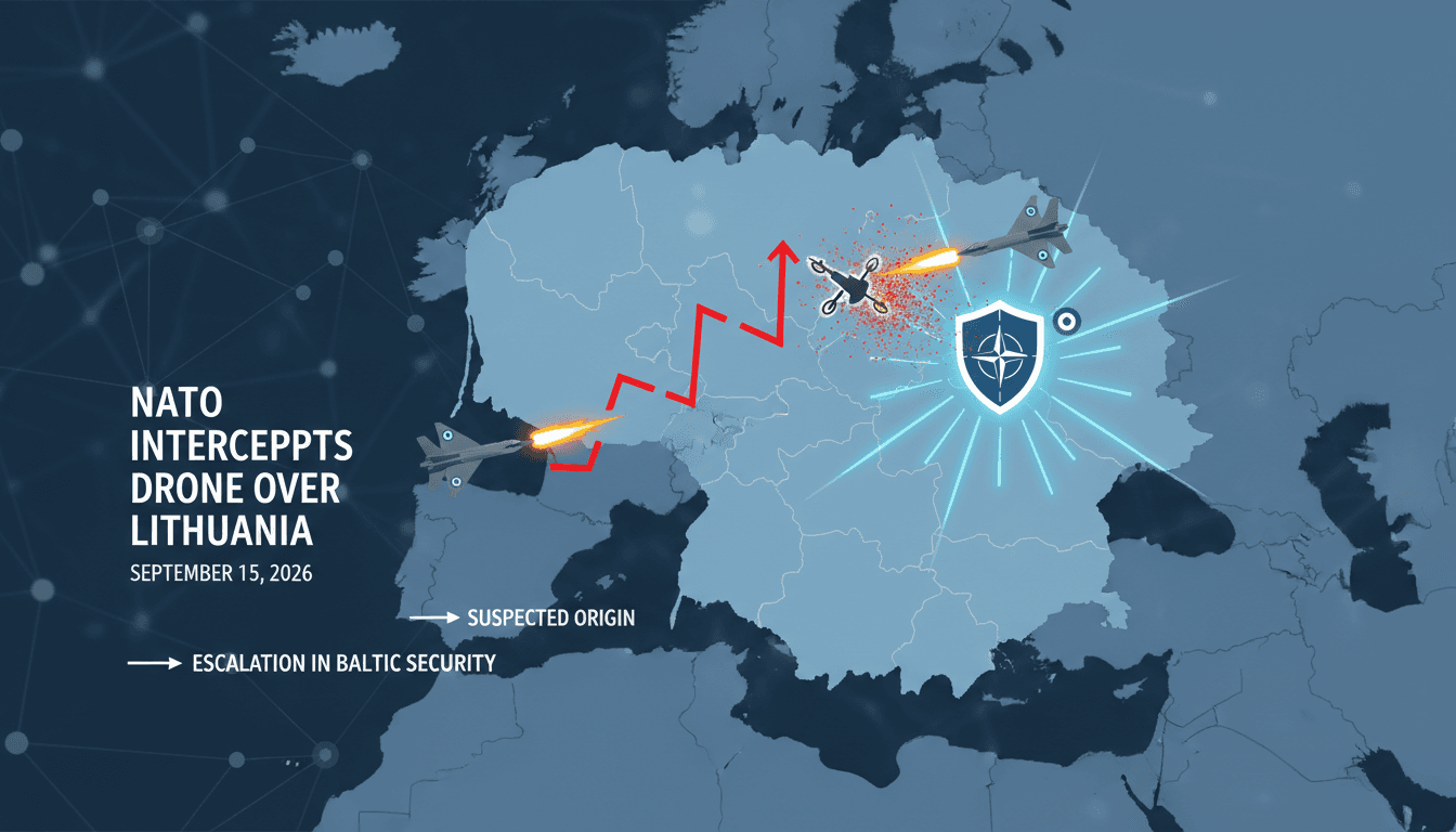 NATO fighter jets intercepting a drone in Lithuanian airspace, highlighting military tensions with Russia.