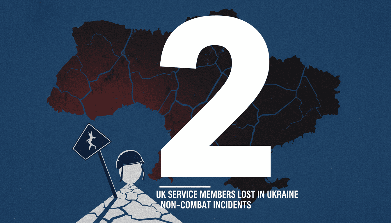 A somber graphic illustrating the risks faced by UK armed forces members in Ukraine, focusing on non-combat roles.