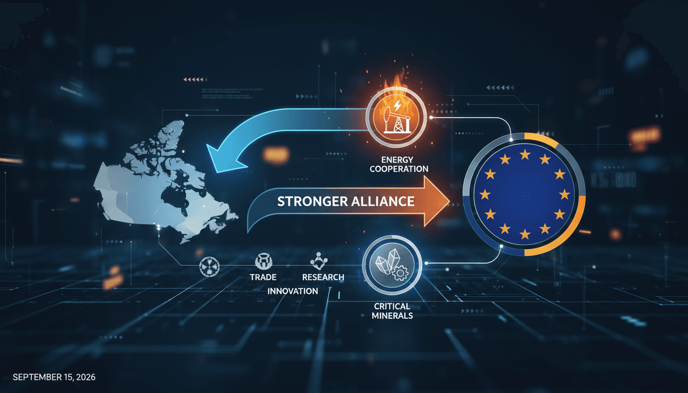 Infographic showing Canada-EU strategic cooperation in energy and minerals amidst U.S. trade pressures.