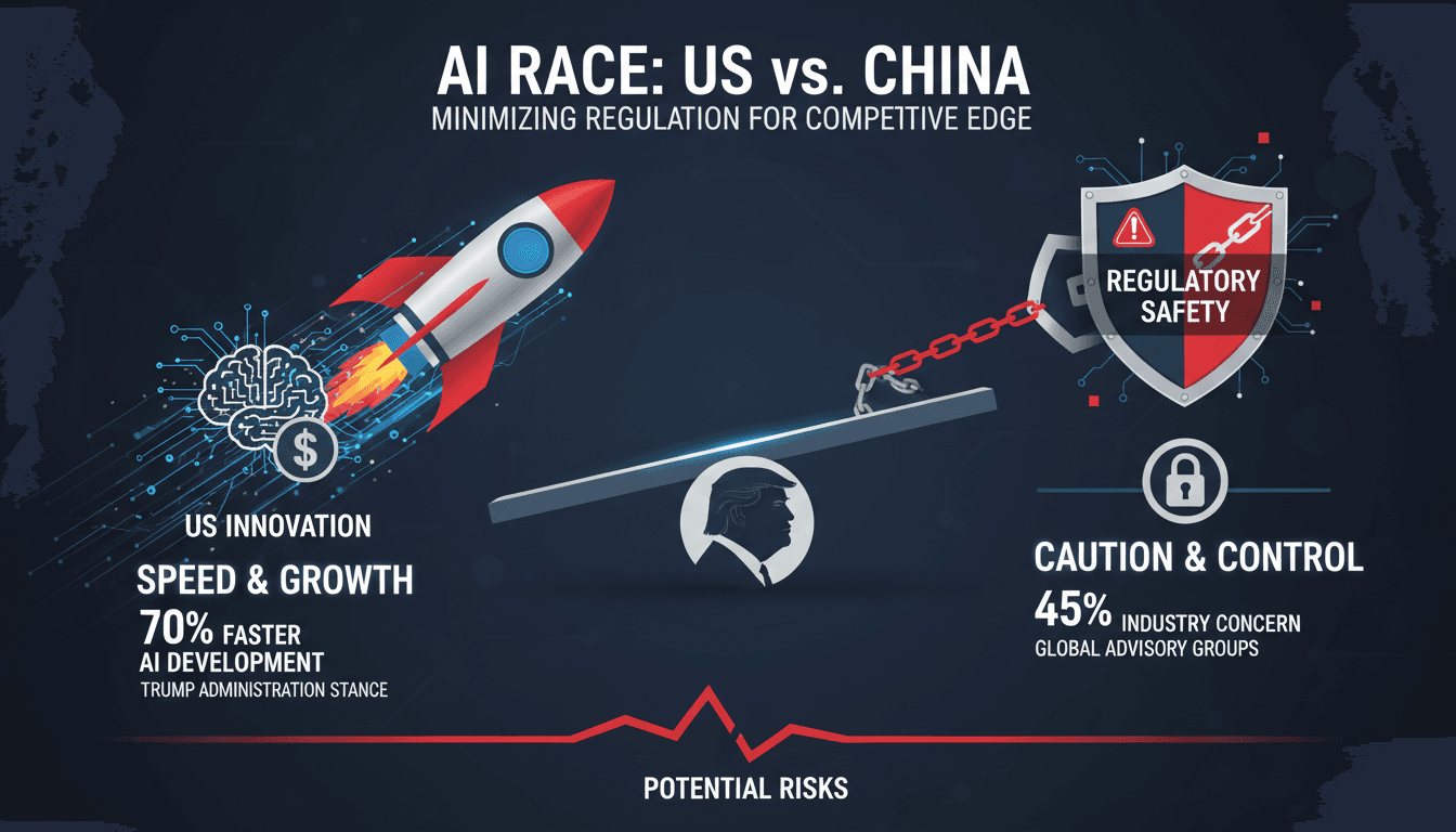 Infographic showing the tension between AI innovation and regulatory safety, with key statistics and industry responses.