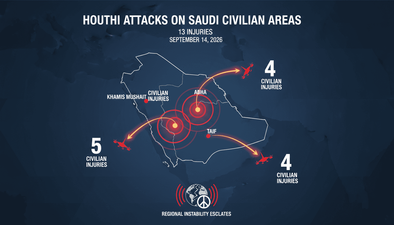 Map highlighting Houthi missile and drone attacks on civilian areas in Saudi Arabia, showing affected cities and injury statistics.