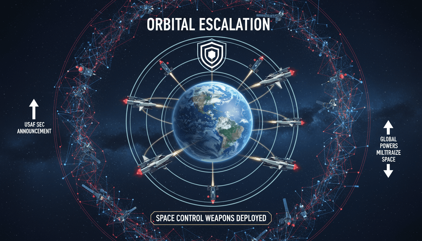 An infographic showing the US Air Force's deployment of space control weapons and its implications for global security.