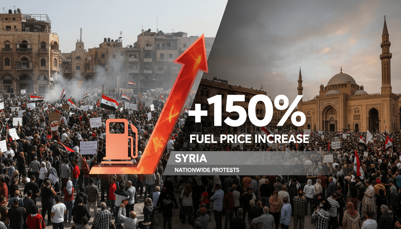 Protesters in Syria demonstrating against fuel price hikes, highlighting economic challenges.