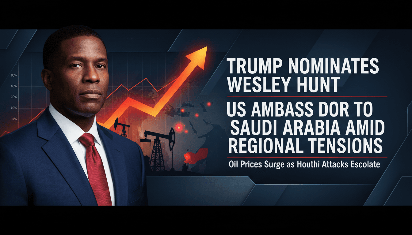 Portrait of Wesley Hunt with rising oil prices and Saudi Arabia backdrop.