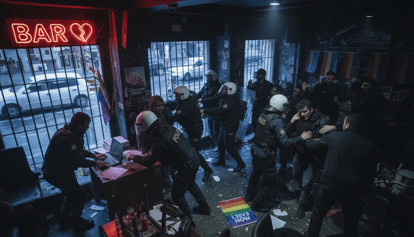 Police raid on LGBTQ venue in Turkey, highlighting the crackdown on rights and freedoms.