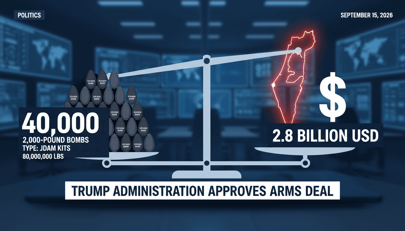 Infographic detailing the Trump administration's $2.8 billion arms sale to Israel, featuring 40,000 2,000-pound bombs.