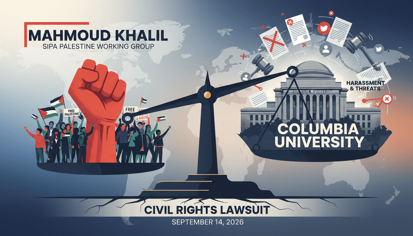 A visual representation of campus activism and institutional accountability, featuring Mahmoud Khalil and Columbia University.