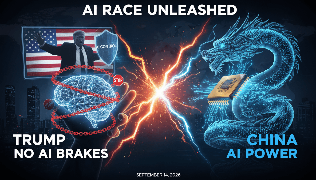 A graphic depicting the clash between AI regulation and national competitiveness in the tech industry.