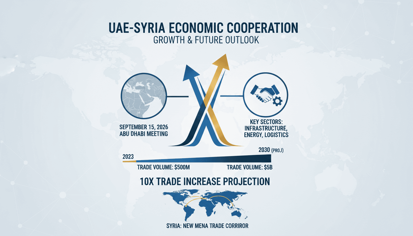 Infographic illustrating the growth of economic ties between Syria and the UAE, highlighting key trade figures and opportunities.