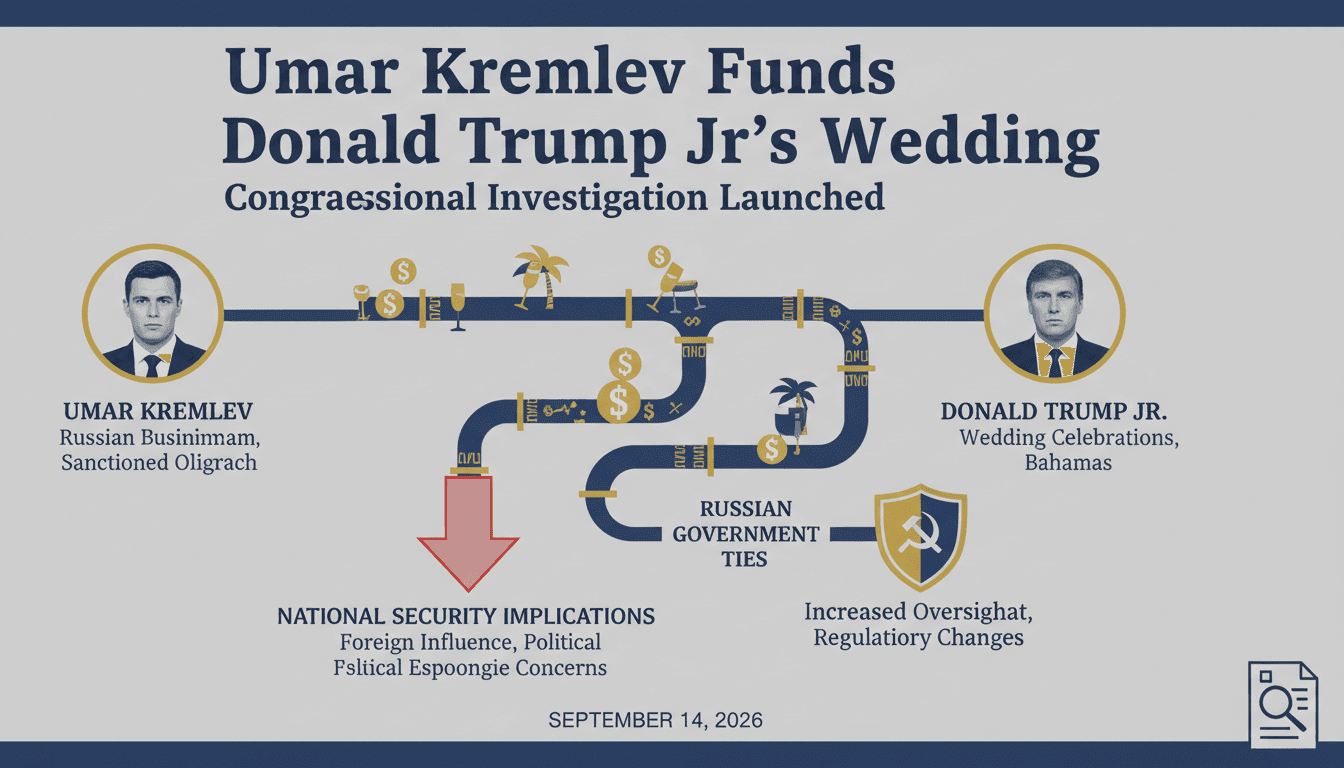 Infographic showing the financial connections between Umar Kremlev and Donald Trump Jr.'s wedding, highlighting national security implications.