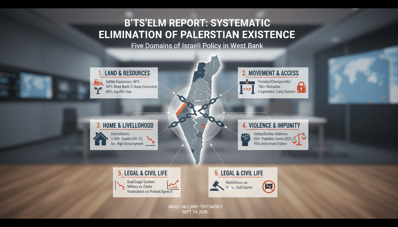 Infographic showing B’Tselem's findings on Israeli policies affecting Palestinian existence in the West Bank.