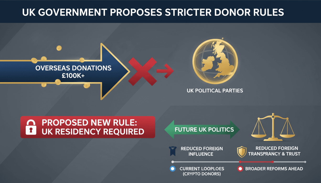 Infographic showing the flow of political donations and new residency requirements in the UK.