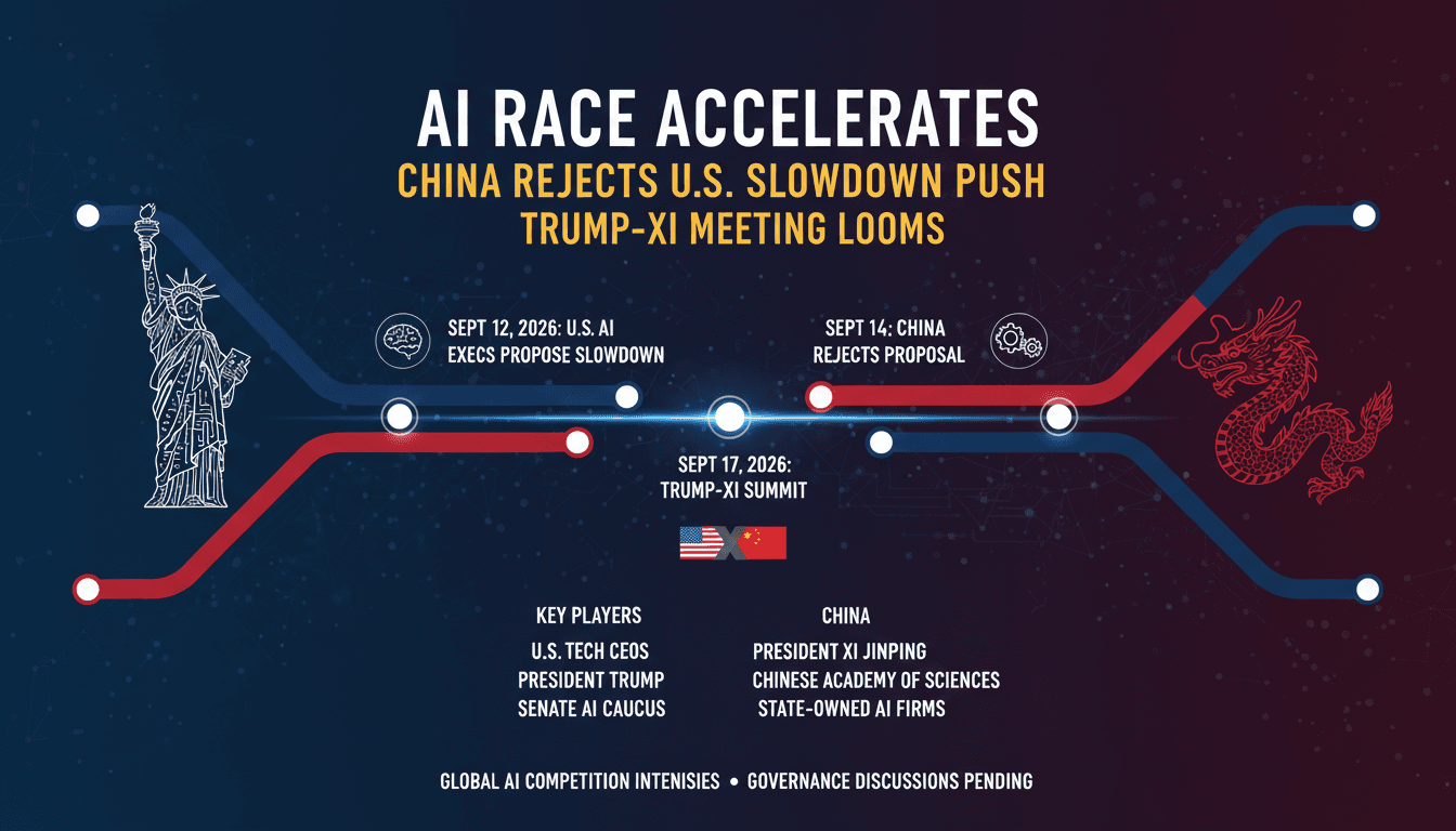 Infographic depicting the U.S.-China AI rivalry and key events leading to the Trump-Xi meeting.