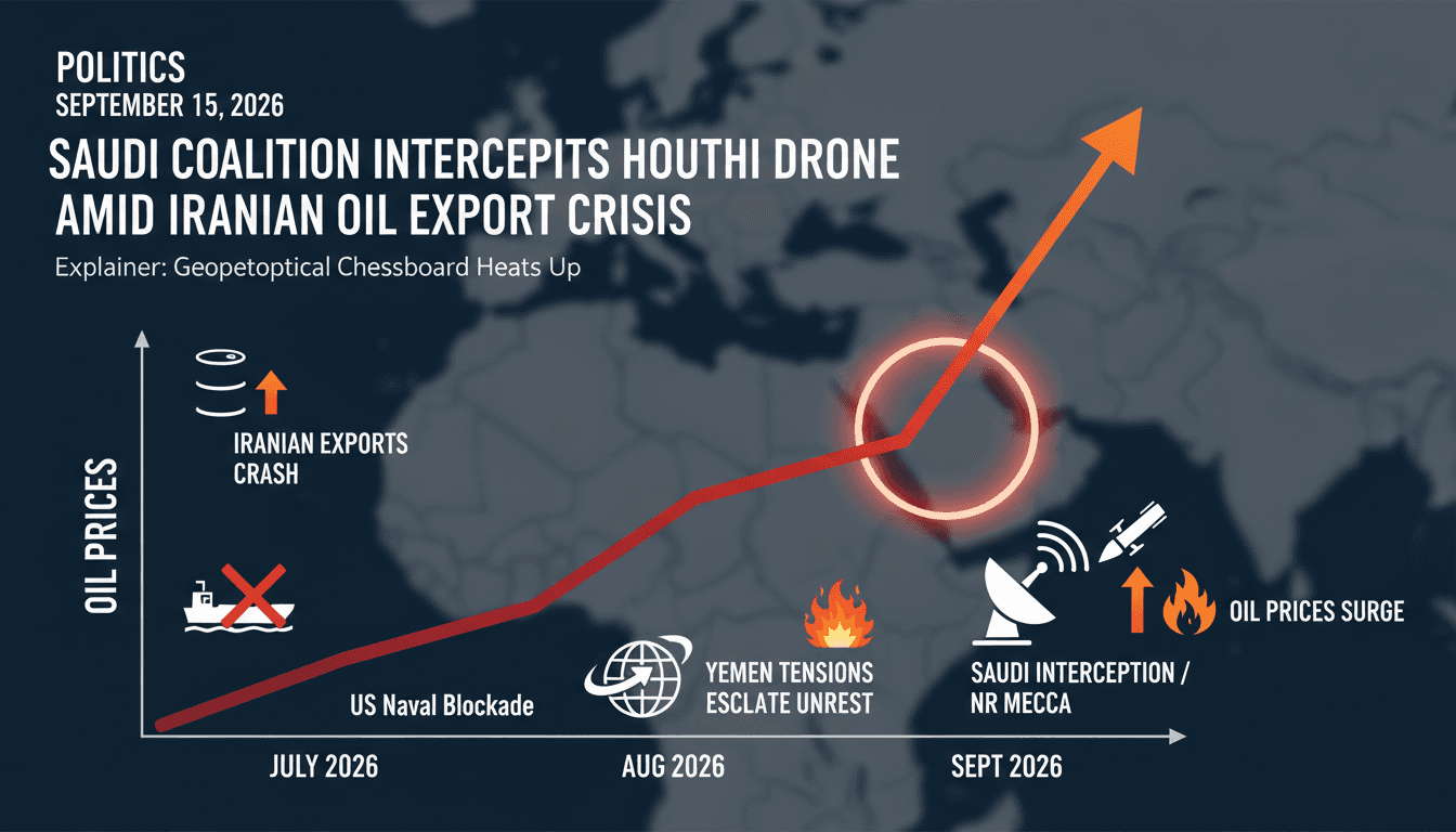 A map showing the interception of a Houthi drone near Mecca and its impact on oil prices.