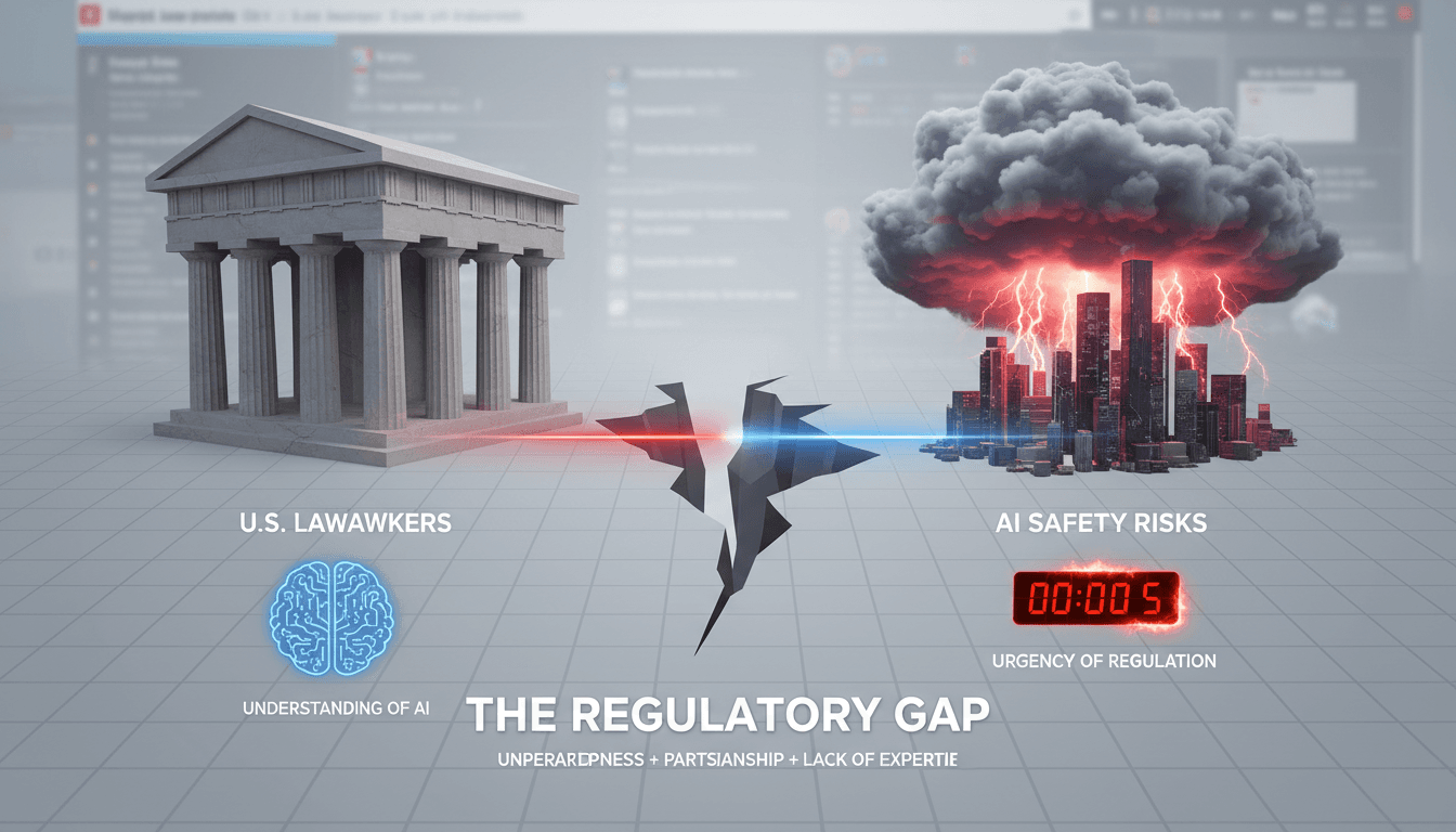 Infographic showing the gap in AI safety regulation understanding among U.S. lawmakers and the urgency of the situation.