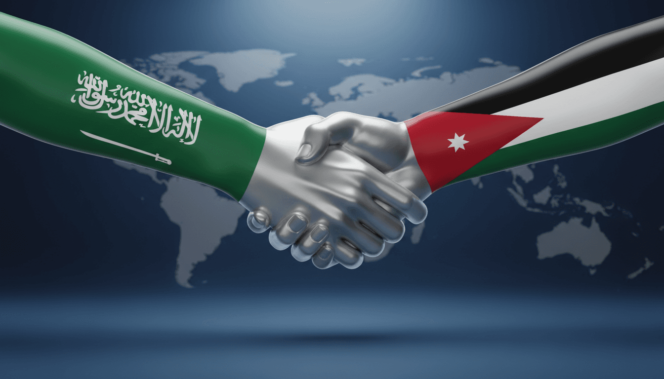 Flags of Saudi Arabia and Jordan with a handshake symbolizing diplomatic relations.