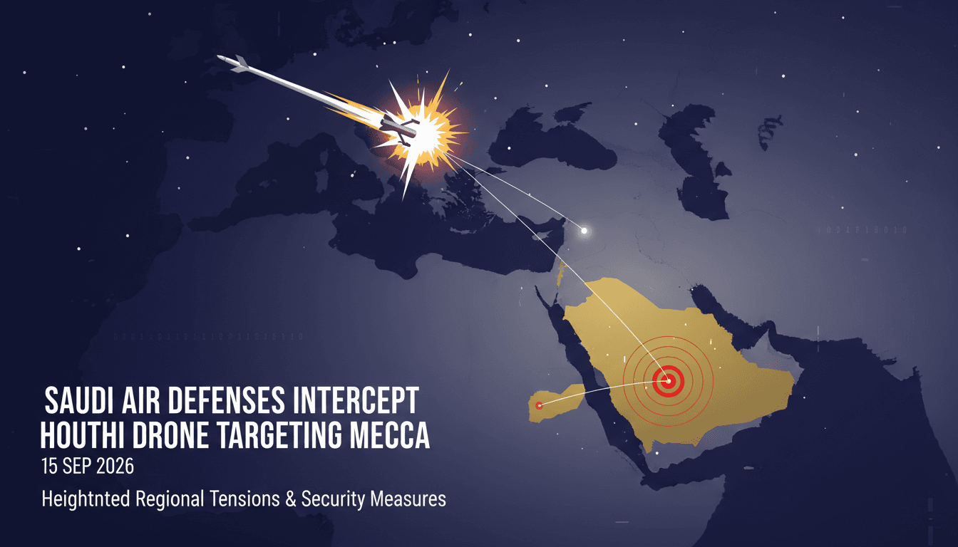A drone interception graphic highlighting the location of Mecca and the drone's trajectory.
