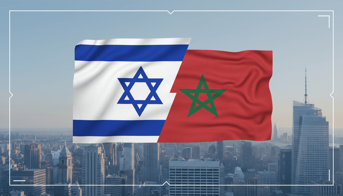 Flags of Israel and Morocco with New York City skyline, representing their upgraded diplomatic relations.