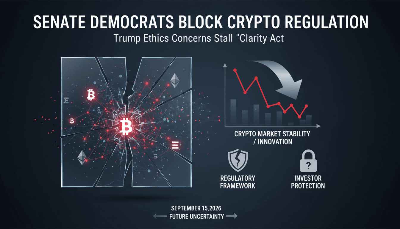 Infographic showing the impact of the stalled Clarity Act on the cryptocurrency market and investors.
