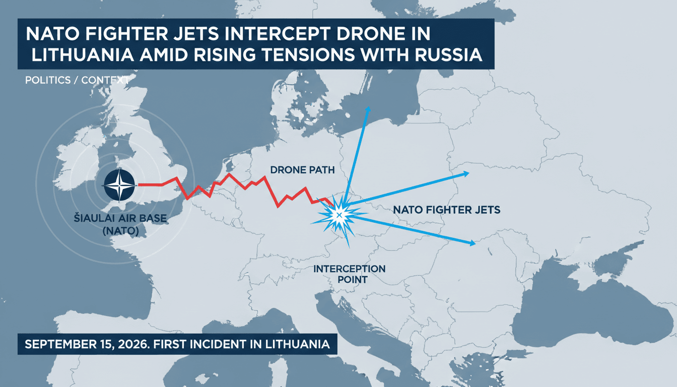 NATO fighter jets intercepting a drone in Lithuanian airspace, highlighting rising military tensions in the region.