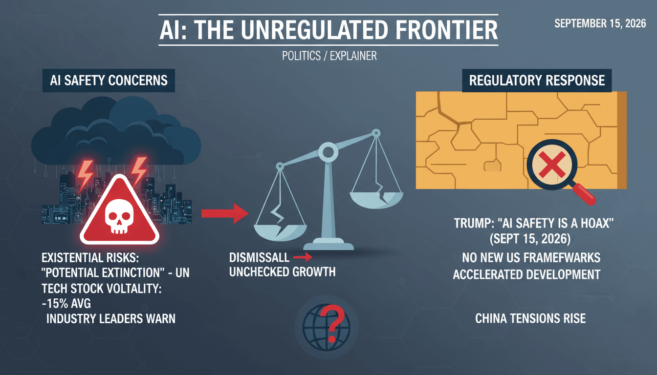 Infographic showing Trump's AI safety hoax declaration and its impact on tech investments and regulations.