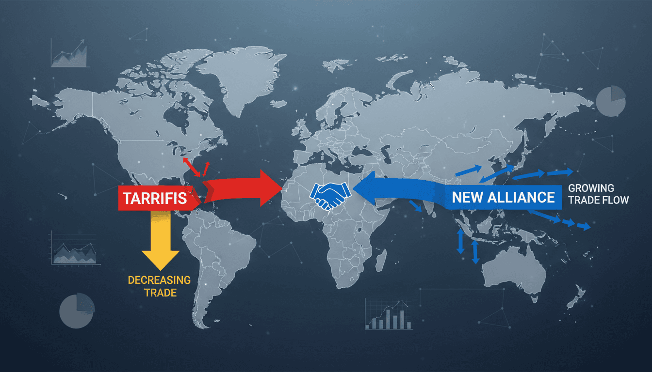 Infographic showing trade dynamics between Canada, the US, and the EU, highlighting Mark Carney's proposal for associate status.