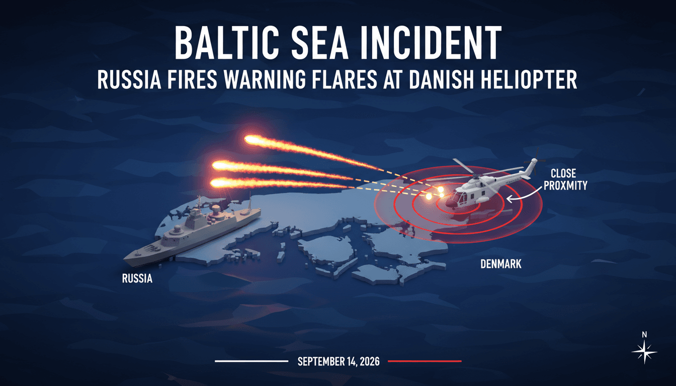 A map illustrating the Baltic Sea incident where Russia fired flares at a Danish helicopter, highlighting military tensions.