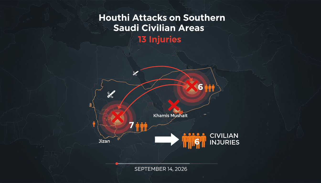 Map showing locations of Houthi missile and drone attacks in southern Saudi Arabia with civilian injury statistics.