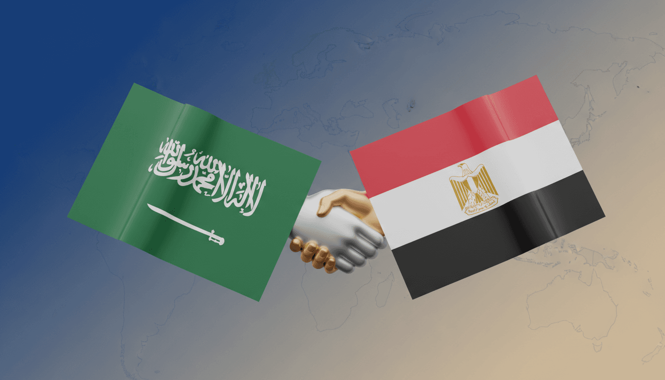 Saudi Crown Prince Mohammed bin Salman and Egyptian President el-Sisi shaking hands, symbolizing strengthened ties.