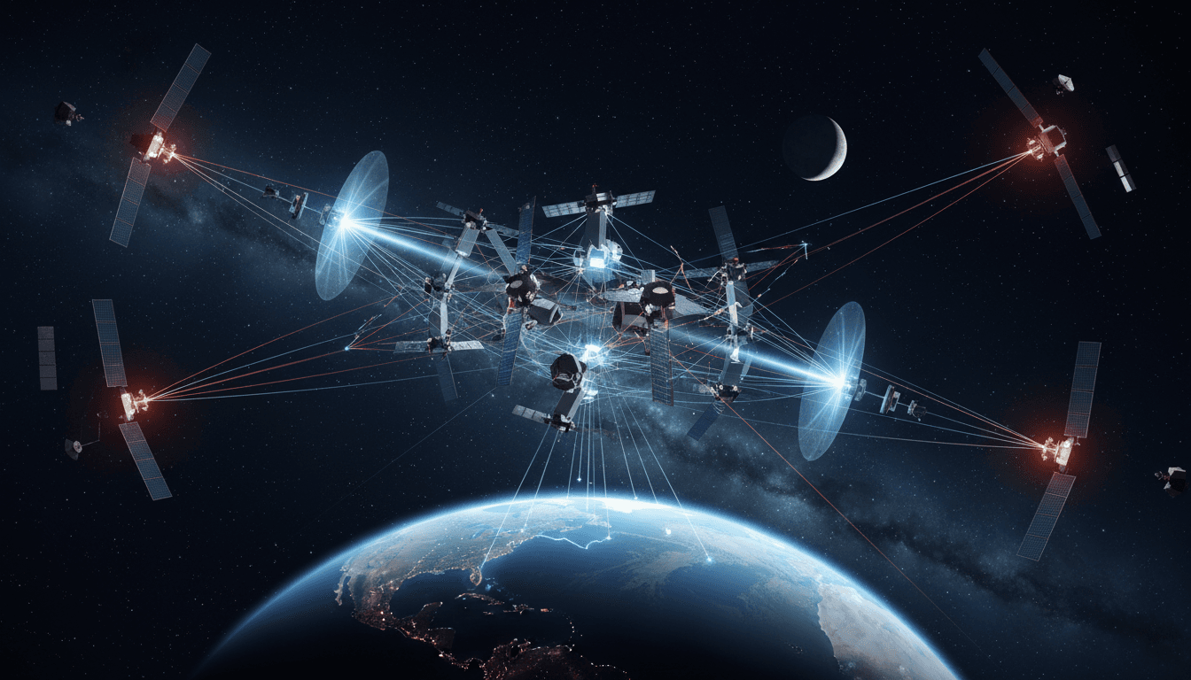 Conceptual graphic showing U.S. on-orbit space control weapons and their potential impact on satellite services.