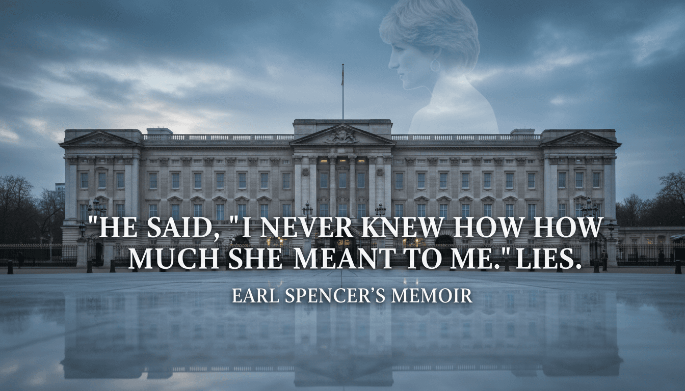 Buckingham Palace with a quote from Earl Spencer's memoir about Princess Diana's legacy.